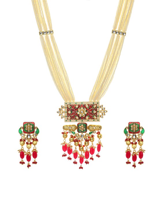 Gold-Plated Red & White Kundan-Studded & Beaded Handmade Jadau Jewellery Set