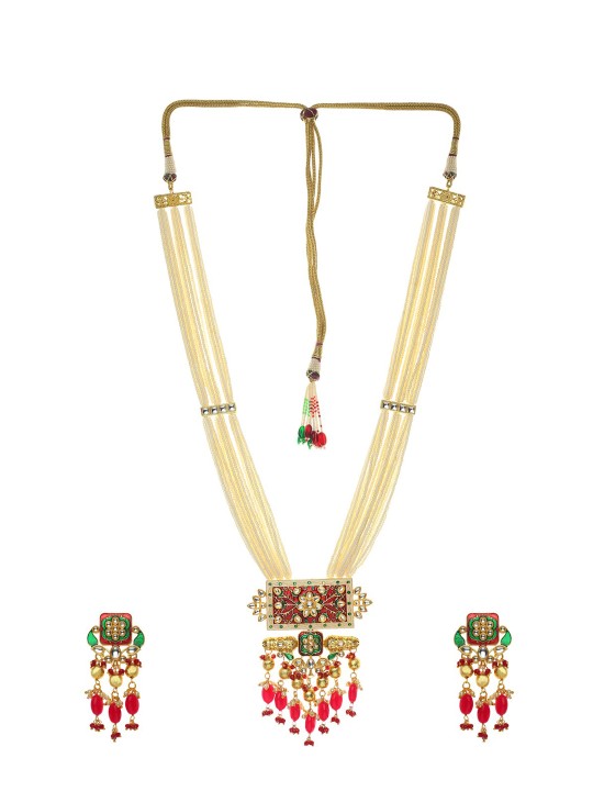 Gold-Plated Red & White Kundan-Studded & Beaded Handmade Jadau Jewellery Set