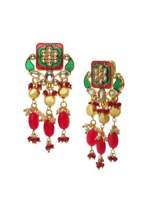 Gold-Plated Red & White Kundan-Studded & Beaded Handmade Jadau Jewellery Set