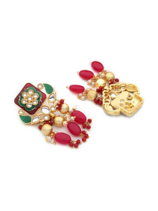 Gold-Plated Red & White Kundan-Studded & Beaded Handmade Jadau Jewellery Set